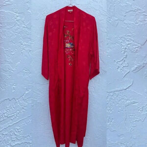 Golden Bee Womens Vintage Embroidered Floral Long Sleeve Robe Red Sz Large